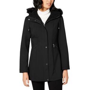 French Connection Women's Faux-Fur-Trim Hooded Raincoat Black Medium NWT